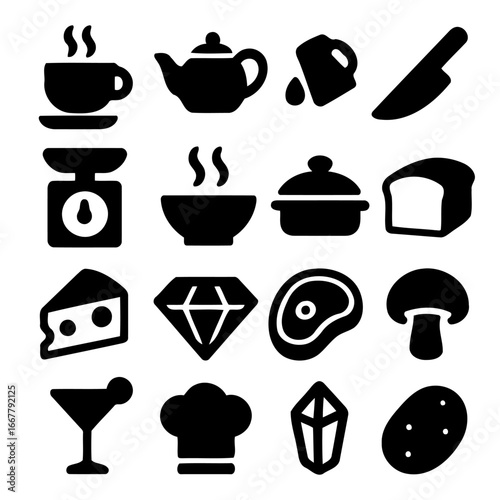Culinary Collection of Icons: A carefully crafted set of culinary icons featuring various kitchen essentials, food items, and utensils, perfectly suited for designing menus, culinary blogs.