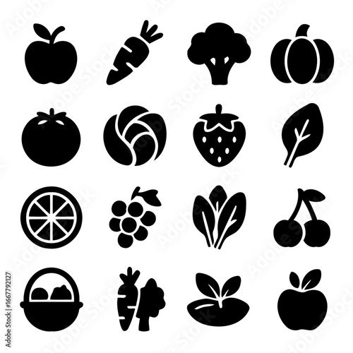 Fresh Produce Icons: A simple yet delightful assortment of fruits and vegetables in black, showcasing the bounty of nature.