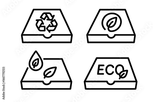 Eco pizza box icon set. Sustainable packaging outline icons. Recyclable, compostable, biodegradable signs. Green food container symbols, eco ink vector illustration.