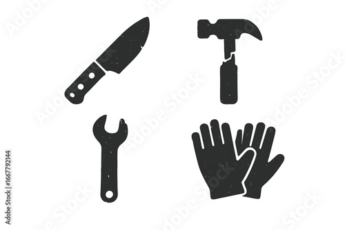 Worn tool icon set with grunge texture. Distressed vector silhouettes of a dull knife, broken hammer, rusted wrench, and old work gloves. Concept for repair, DIY, hardware.