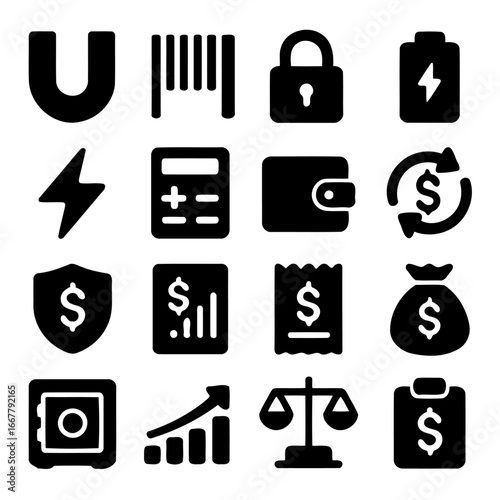 Financial Icons: A visually striking array of bold, flat-style icons representing various aspects of finance, including currency, security, and growth, offering a clean.