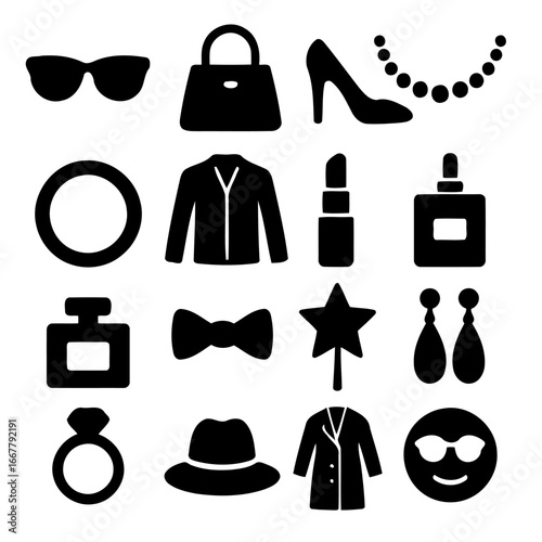 Fashion Iconography: A curated collection of classic accessories and style elements, elegantly presented as silhouetted icons. This artistic array celebrates the timeless allure of fashion.