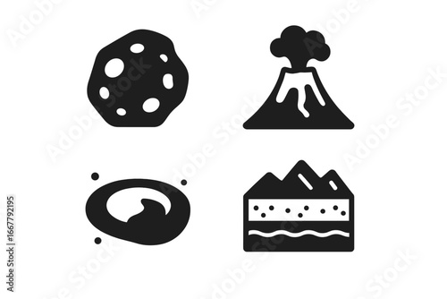 Planetary geology solid icon set. Vector symbols of volcano eruption, asteroid rock sample, impact crater, and soil layers. Science, astronomy, and earth exploration concept.