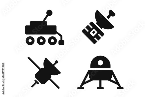 Space exploration icon set. Solid glyphs for planetary missions. Rover, satellite, space probe, and lander silhouettes. Vector icons for astronomy and technology concepts.