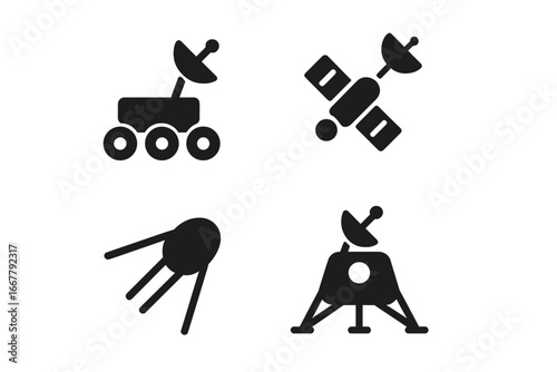 Space exploration icons. Planetary mission solid glyph set. Includes rover, satellite, space probe, lander. Astronomy technology symbols. Vector collection for science design.