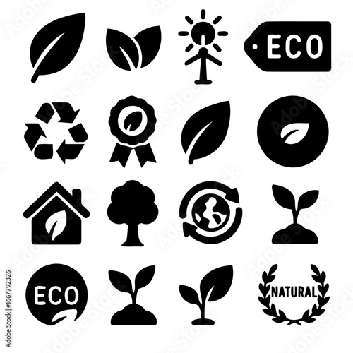 Eco-friendly Elements: A compilation of symbolic icons representing environmental sustainability, renewable energy, and nature conservation.