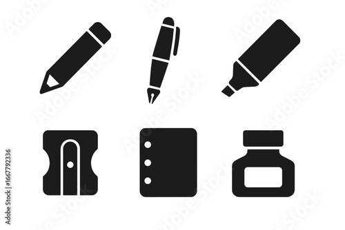 Writing tools icon set. Solid glyph vector collection of pencil, fountain pen, highlighter, sharpener, notebook, and ink bottle. Stationery and office supplies symbols for education.