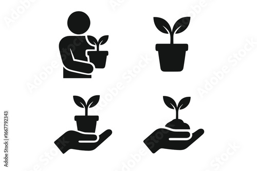 Plant care icon set. Person holding potted plant, hand with sapling. Growth, ecology, and environment concept. Glyph vector illustration for sustainability, new beginnings.