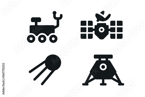 Space exploration icon set. Solid glyph vector collection of planetary mission technology: rover, satellite, space probe, and lander. Astronomy and science symbols for design.
