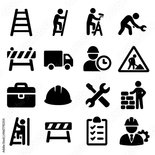 Construction Icons: A compilation of meticulously crafted icons, encompassing various facets of construction and industry tasks. From laborers and tools to safety measures and equipment.