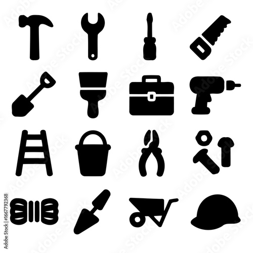 Construction tools: A curated collection of essential tools, from hammer to hardhat, artfully arranged to showcase their functionality and utility. Perfect for any construction, design.