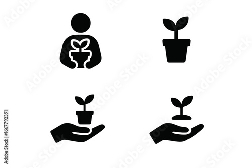 Plant care icon set. Person and hand holding potted plant and sapling. Growth, nurture, and new beginnings concept. Ecology, environment, and gardening symbols. Solid glyphs.