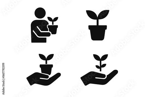 Plant care solid icons. Glyph icon set of person holding potted plant, hand with sapling. Concept of growth, gardening, environment, new life, nurturing, ecology, agriculture.