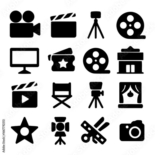 Cinema Icon Set: A collection of stylized, crisp black icons of cinematic tools, symbolizing the art and industry of film-making.