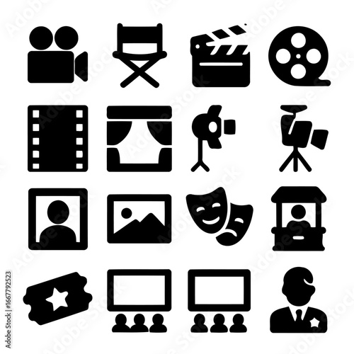 Film Elements: A collection of iconic film-related elements comes together, illustrating the essence of the entertainment industry through simple yet impactful icons.