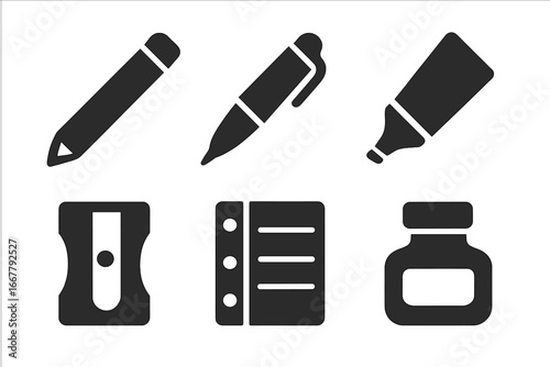 Writing tools solid glyph icon set. Vector collection of stationery and office supplies symbols. Pencil, pen, highlighter, sharpener, notebook and ink bottle pictogram.
