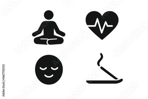 Yoga and meditation icon set for stress relief and relaxation. Solid glyph icons for mental health and wellness concept. Lotus pose, calm heart rate, aromatherapy icons.