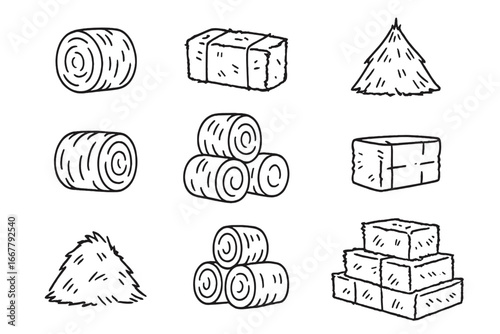 Hay bale and straw stack icon set. Vector line art illustration for agriculture, farming, and harvest concepts. Hand-drawn doodle sketch of rural countryside farm elements.