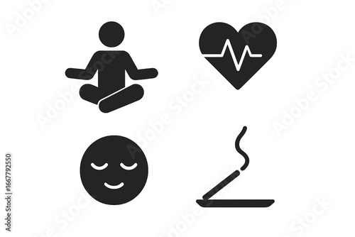 Yoga meditation for stress relief solid glyph icon set. Vector symbols for relaxation, calm heartbeat, peaceful mind, zen, and aromatherapy. Lotus pose, healthy heart rate.