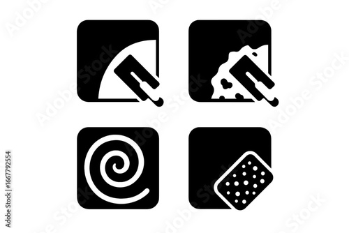 Plastering finishes solid icon set. Wall texture types, smooth, textured, swirl, sponge. Trowel, putty, and cement work for construction and renovation vector symbols.