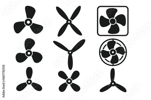 Propeller and fan icon set. Vector collection of various blade designs. Cooler, ventilator, and rotor silhouettes. Simple graphic for cooling, wind, and air circulation.