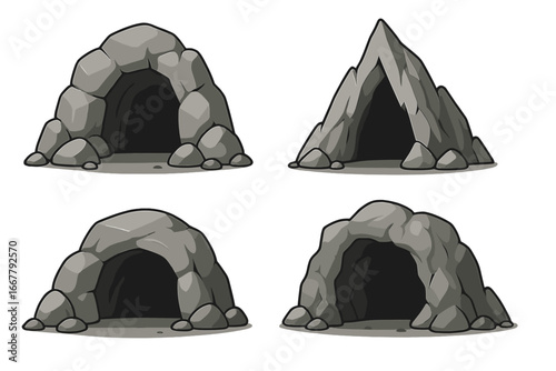 Cave entrance vector set. Cartoon rock stone grotto collection. Prehistoric fantasy game asset. Mountain cavern hole icon. Stone age bear den mine entrance illustration pack.