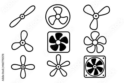 Propeller and fan vector icon set. Collection of various blades, cooler, and ventilator symbols. Minimalist black and white line art illustration for cooling and airflow concepts.