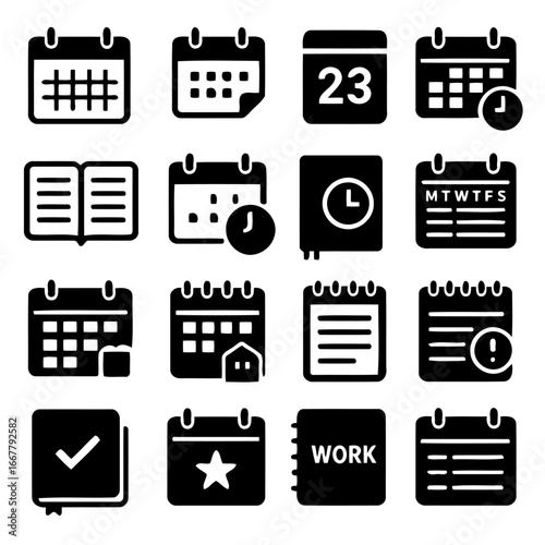 Calendar Icons: A comprehensive collection of calendar icons, featuring diverse styles and design. Show the power of visual communication with this array of scheduling essentials. 
