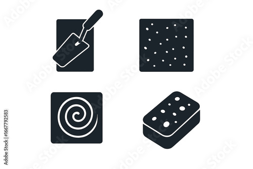 Plastering finishes vector icon set. Solid glyph icons of smooth finish, textured surface, swirl pattern, and sponge. Construction and renovation tools for wall stucco.