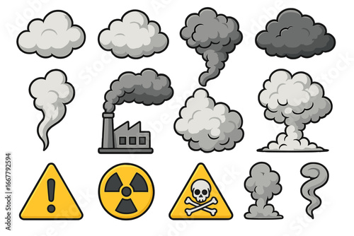 Industrial pollution smoke clouds and hazard warning signs vector set. Cartoon factory emissions, toxic explosion, radiation and danger symbols. Environmental concept.