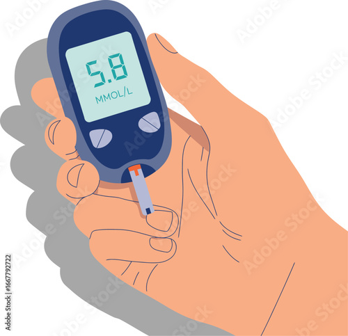 Digital illustration of a hand holding a blood glucose meter with a reading of 5