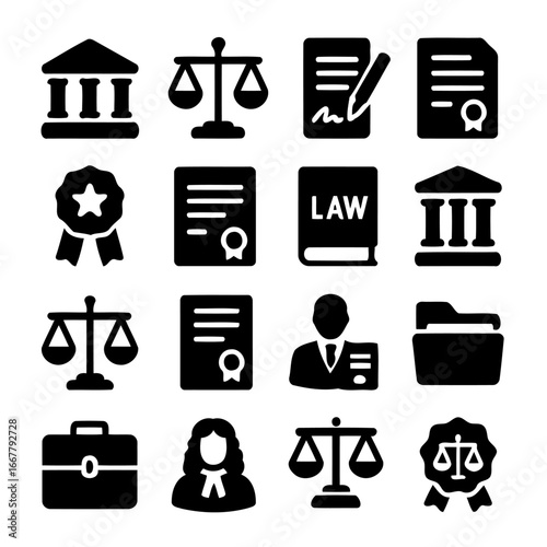 Symbol of Justice: A carefully curated set of icons, elegantly presented, representing the cornerstones of law and order, a symbol of fairness and the pillars of legal systems.