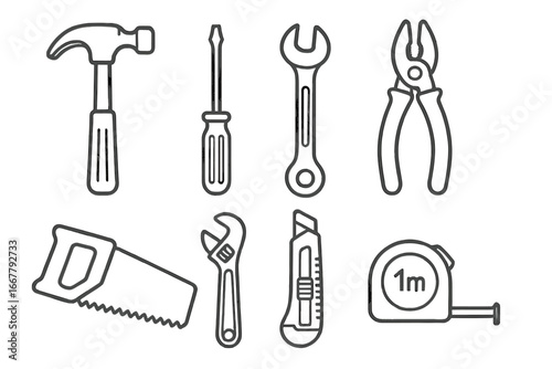 Hand tools icon set for repair and construction. Vector line art collection of work equipment for DIY, carpentry and maintenance. Hammer, saw, wrench, screwdriver and pliers.