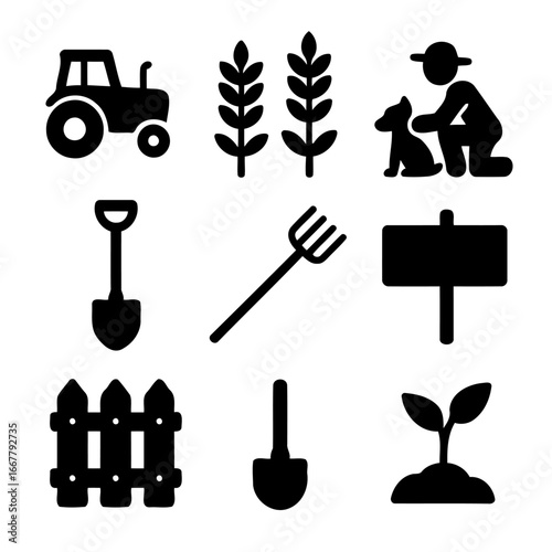 Agricultural Elements: A stylized collection of essential farming tools and imagery, depicting a farmer with his canine companion, tractor, wheat, shovel, pitchfork, sign, fence, and sprouting plant.