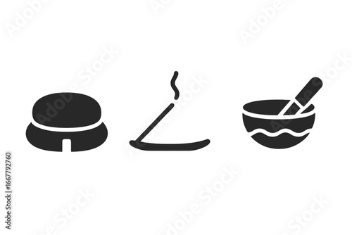 Zen meditation icon set. Solid glyph symbols of zafu cushion, incense stick, and singing bowl. Vector graphics for mindfulness, yoga, spirituality, relaxation, and wellness.