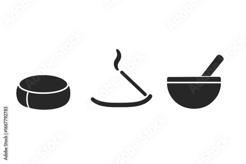 Zen meditation solid icons. Vector graphic silhouette symbol set of zafu cushion, incense stick, singing bowl. Mindfulness, relaxation, spiritual practice, wellness concept.