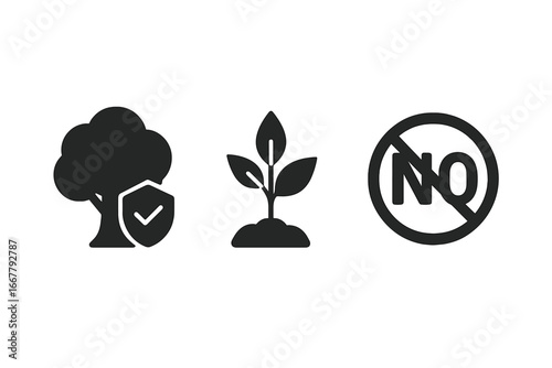 Zero deforestation vector icon set. Stop cutting trees concept. Solid glyphs for environmental protection, reforestation, forest conservation, tree planting, and nature care.