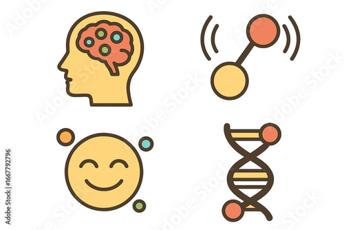 Hedonic pleasure icon set. Brain reward pathway, pleasure center map, opioid peptide release. Psychology science illustration. Happy face, DNA, molecule. Vector graphics.
