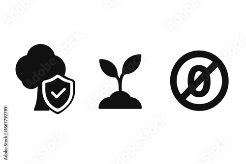 Zero deforestation icon set. Vector symbols for sustainability, forest protection, and reforestation. Tree with shield, sapling, and no deforestation sign. Eco friendly concept.