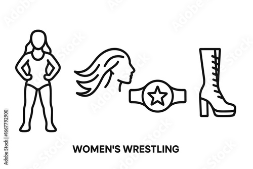 Women's wrestling icon set. Female wrestler silhouette, champion belt, high heel boot. Vector. Girl power concept. Sports entertainment. Strong woman fighter. Athletic outline.