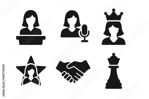 Women's leadership icon set. Female empowerment, success and business strategy symbols. Vector glyphs of woman at podium, with crown, star, microphone, handshake, chess queen.