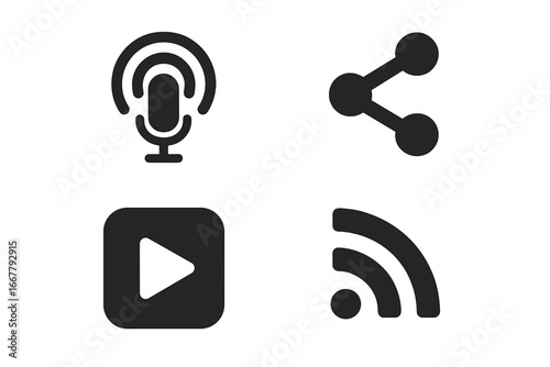 Podcast promotion solid icon set. Vector glyph symbols for audio broadcast, streaming media, and content sharing. Mic, share button, play, and RSS feed for web and apps.