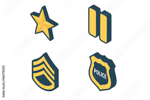 Police rank insignia icon set. Law enforcement badges. Isometric vector graphics of captain's star, lieutenant's bars, sergeant's chevrons, and shield. Flat design elements.