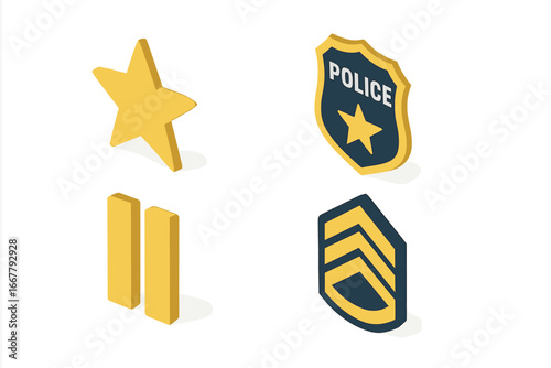 Police rank insignia isometric icon set. Law enforcement officer badges vector collection. Captain star, lieutenant bars, and sergeant chevrons. Security and justice symbols.