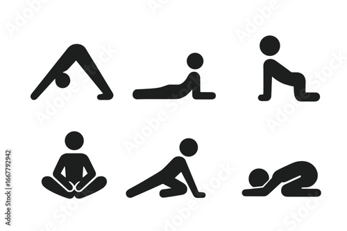 Yoga poses solid icon set. Stretching exercise pictogram collection. Downward dog, cobra, cat cow, butterfly, lunge, child's pose. Wellness, fitness, health vector symbols.