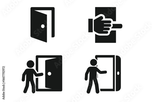 Polite door etiquette icon set. Person holding door open gesture of courtesy. Concept of good manners. Man stick figure at entrance. Hand on handle symbol. Vector pictogram.