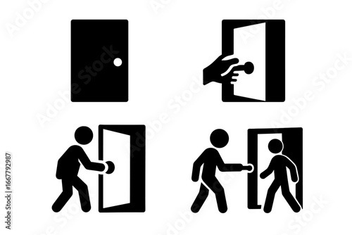 Politeness and etiquette icon set. Person holding open door for another. Man courtesy gesture. Open door symbol, hand on doorknob. Vector glyph icons illustration.