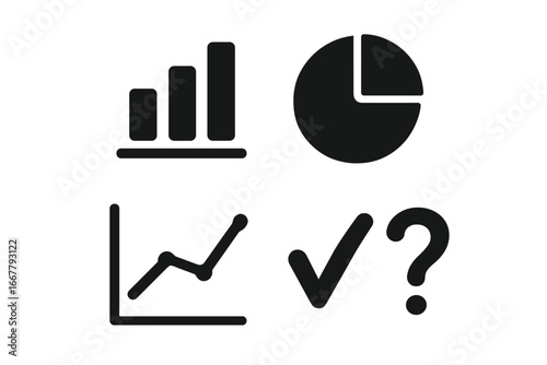 Survey results and data analytics icon set. Poll insights and infographic elements. Vector business graphics including bar chart, pie chart, line graph, checkmark icons.