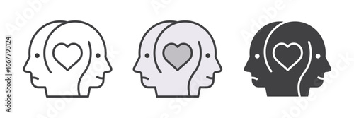 Two heads with heart icons collection, outline and filled styles. Symbol of psychology and empathy. Editable stroke for line versions.