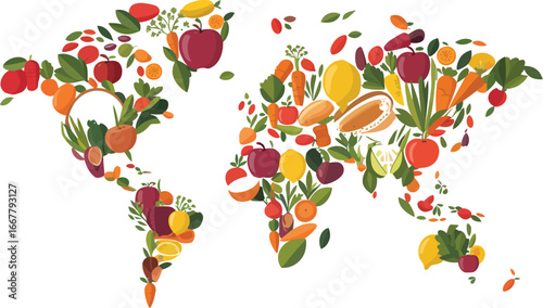 A vibrant digital illustration depicting a world map intricately composed of colorful fruits, fresh vegetables, and aromatic herbs, symbolizing global nutrition and healthy living across continents